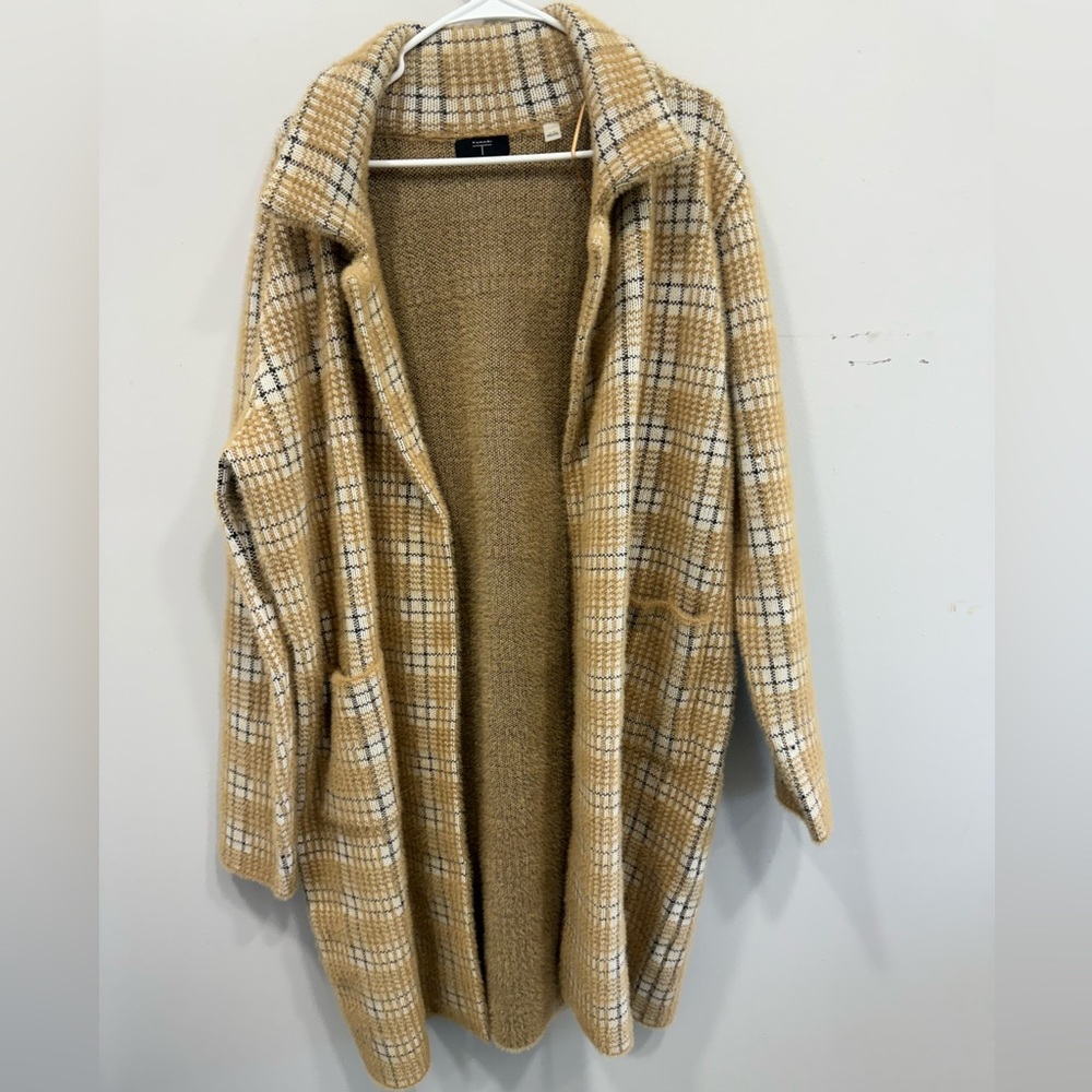 Plaid Longline Coat in Tan and Cream